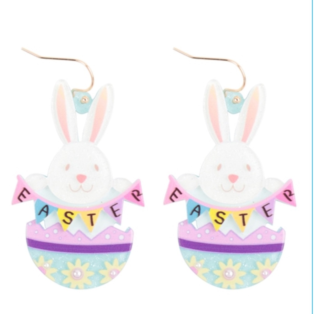 NWT Easter Bunny in an Easter Egg with Faux Pearls Acrylic Pierced Earrings!